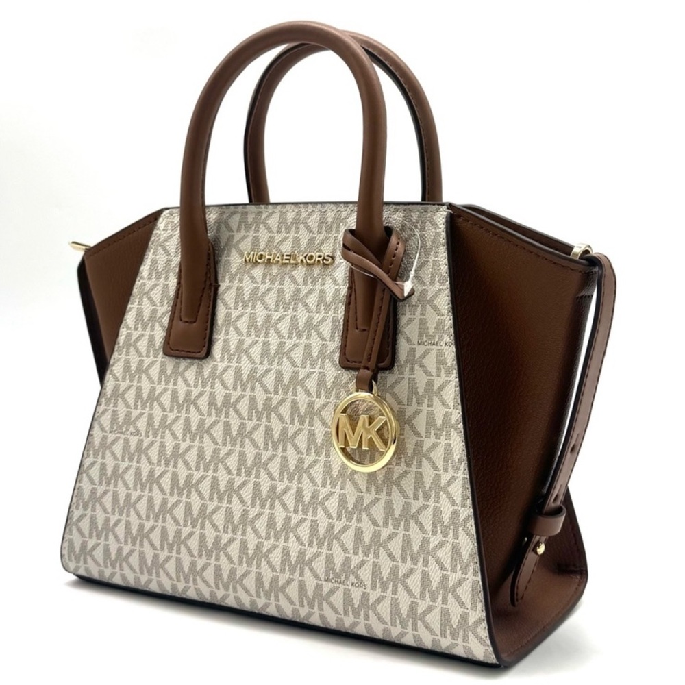 Michael Kors Avril Small Logo and Leather Satchel Bag Vanilla/Brown